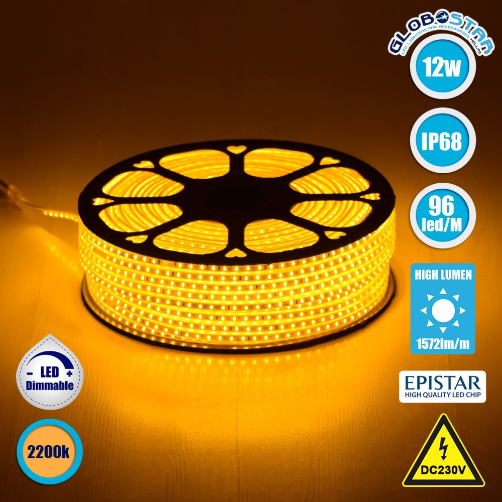 GLOBOSTAR® EPISLIM 70503 Ταινία LED 12W-m 1020lm-m 120° DC 220-240V Αδιάβροχη IP65 96 x SMD2835 Chip-m Ultra Θερμό Λευκό 2200K Dimmable - Epistar SMD Chip - Μ100 x Π1 x Υ0.5cm - 3 Χρόνια Εγγύηση